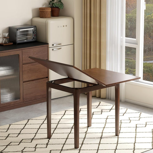 Foldable Dining Table for 4, 100% Solid Wood Folding Kitchen Table with Oak Wood Legs, Modern Dinner Table for Dining Room, Living Room, Kitchen, Small Space, Walnut