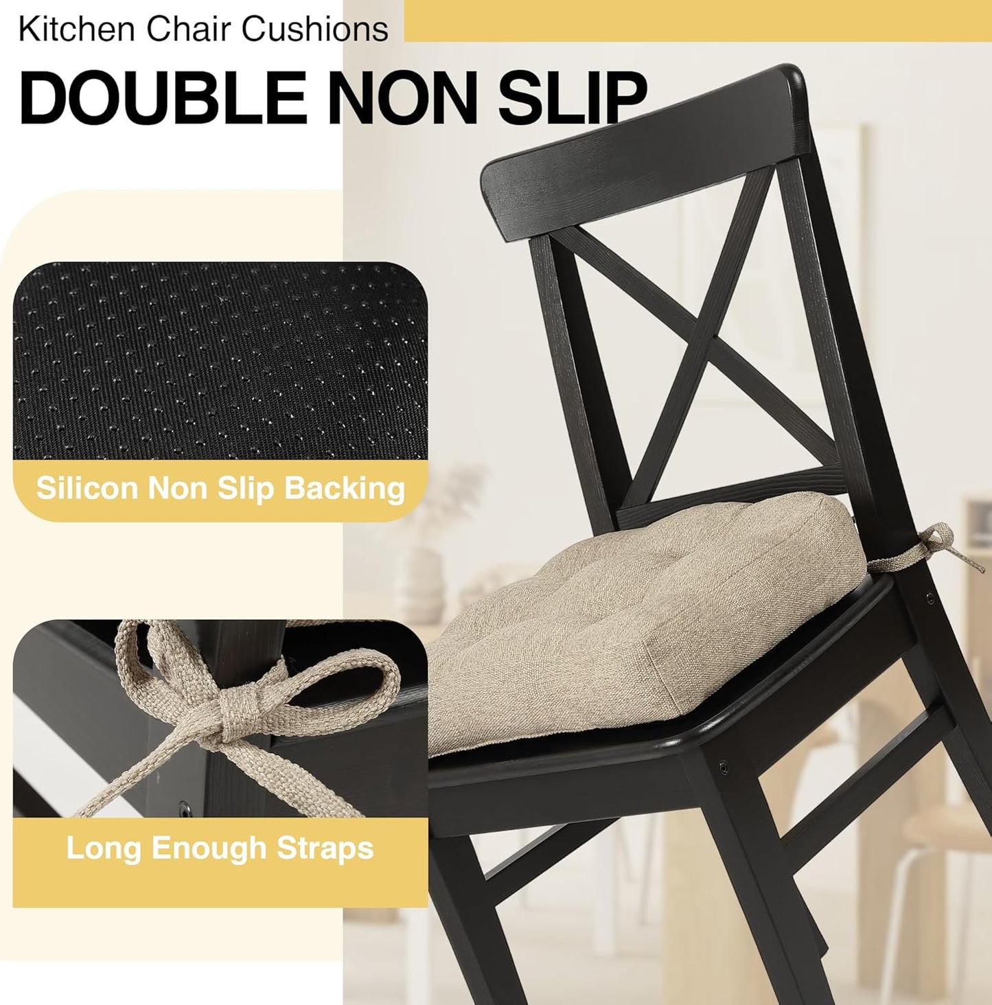Tromlycs Chair Cushions for Dining Chairs Kitchen Seat Cushions Room Set of 4 Pads with Ties Indoor Non Slip Office 18 x 18 Inch, Beige