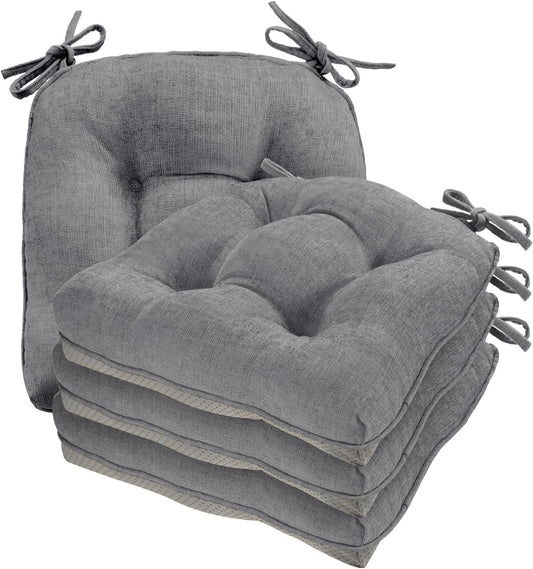 Cozyide Chair Cushions for Dining Chairs, 17" x 17" Non-Slip Kitchen Chair Pads with Adjustable Ties, Memory Foam Indoor Chair Cushions for Dining Room, Grey (Pack of 4)