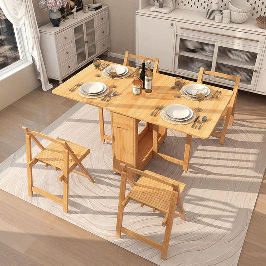 Folding Dining Table Set for 4,Drop Leaf Tables with Foldable Chairs Bamboo Collapsible Dinette Table for Saving Small Spaces Kitchen Dining Room,No Assembly Required(Wood)