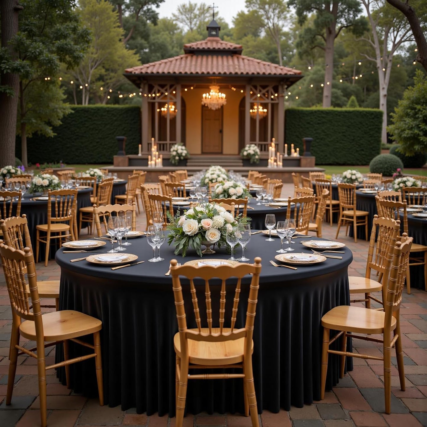 Outpain 6 Pack Black Round Spandex Tablecloth for 60 Inch/5FT Tables - Stretchy Table Cloth with Skirt, Wrinkle-Free Fitted Cloth for Wedding Vendor, Banquet & Graduation Decor (120" Round)