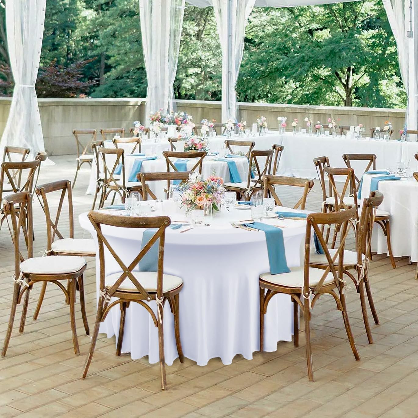 8 Pack White Round Spandex Tablecloth for 60inch Tables, 120 Inch Stretchy Fitted 5FT Round Table Clothes Wrinkle Free Washable Table Covers Skirt for Wedding Birthday Party Dining Banquet