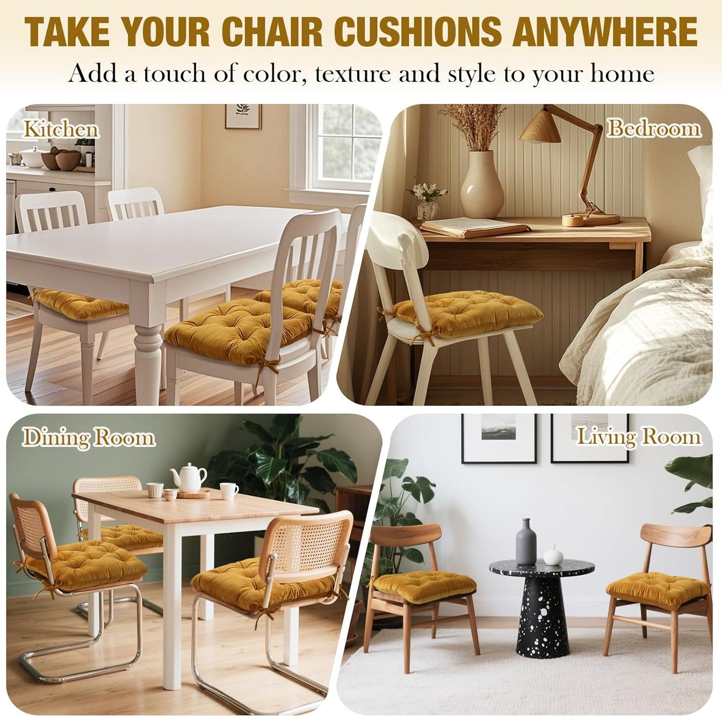 Nuanchu Memory Foam Chair Cushions Set of 4, Thick Indoor Seat Cushions for Dining Chairs Tufted Seat Pads for Kitchen, Dining Room, Office,(Turmeric Yellow,15.5"x15.5"x4")