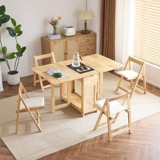 VINGLI 5-Piece Folding Dining Table Set, Extendable Drop Leaf Solid Wood Table with 4 Chairs, Drawers & Wheels, Space-Saving Design for Kitchen, Natural
