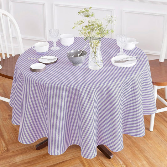 Solino Home Linen Round Tablecloth 70 Inch - Amalfi Stripe, 100% Pure Linen Violet and White Round Tablecloth - Machine Washable Table Cloth for Summer