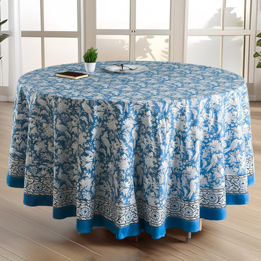 CPC Round Tablecloth- Cotton Indian Block Print Tablecloth -Handmade Printed Washable Cotton Table Cloth - Spring/Summer, Weding Table Cover - Blue Sapphire 110 Inch
