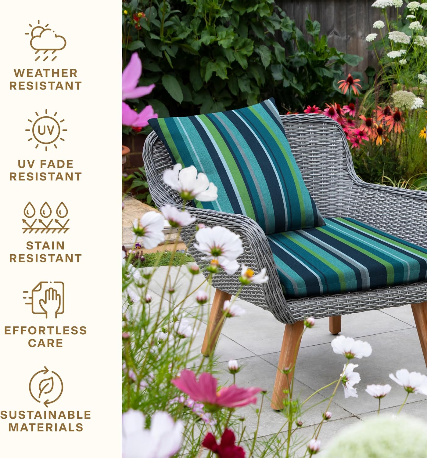 Honeycomb Outdoor Set of 2 Seat Pads, 18 x 17.5, Stripe Poolside Universal Chair Cushions for Patio Furniture