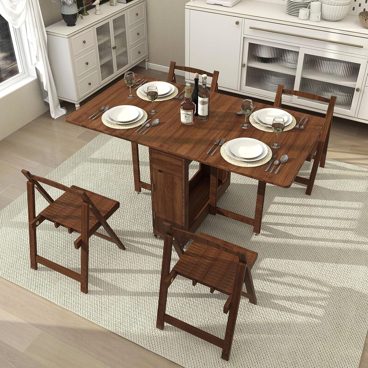 Folding Dining Table Set for 4,Drop Leaf Tables with Foldable Chairs Bamboo Collapsible Dinette Table for Saving Small Spaces Kitchen Dining Room,No Assembly Required(Wood)